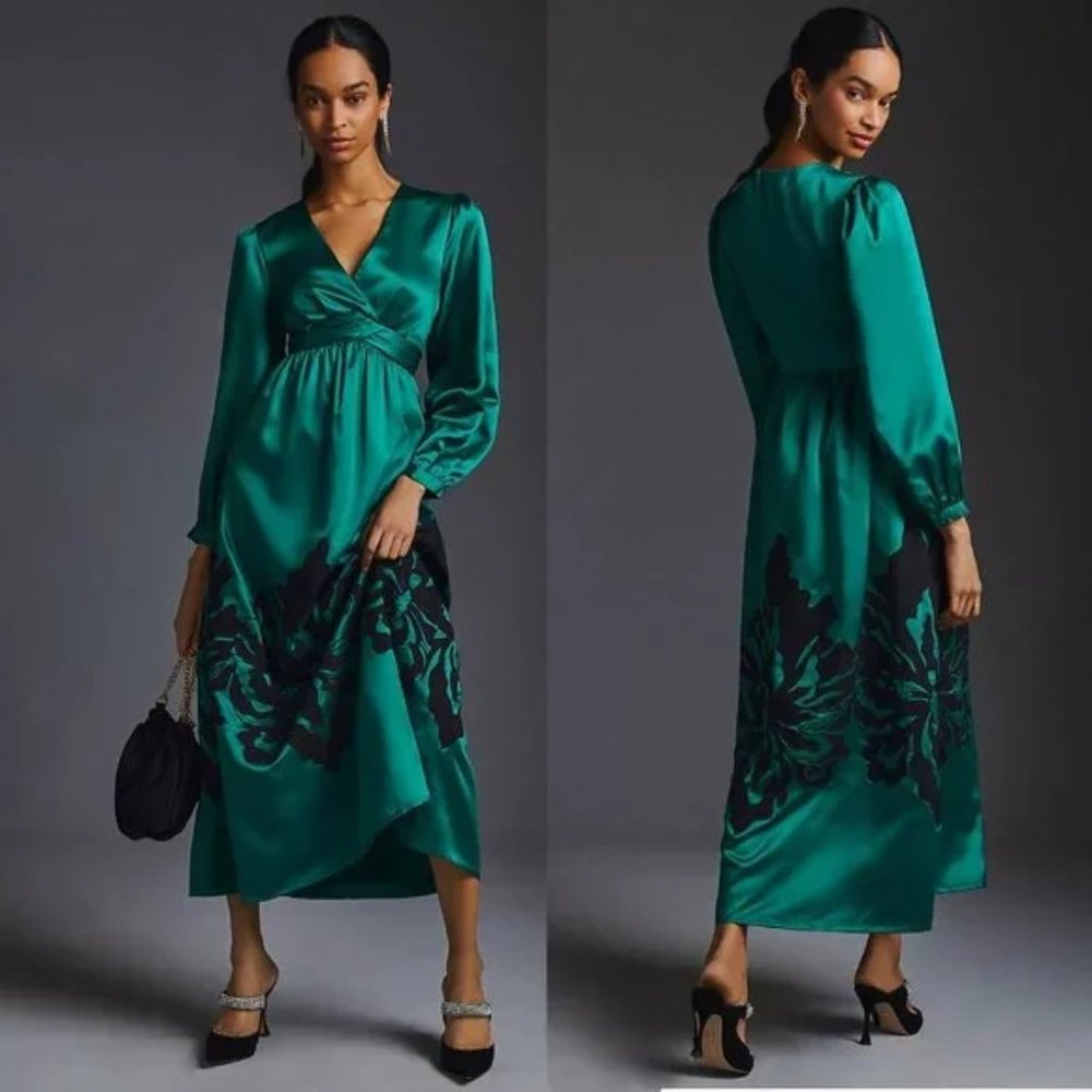 Anthropologie Teal and Black Floral Maxi Dress